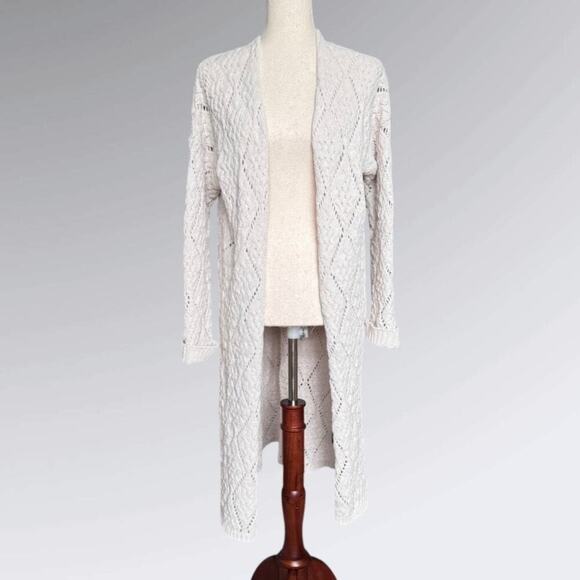 Moon & Madison Boho Chenille Open Knit Long Cardigan Cream, Women’s XS - Picture 1 of 10